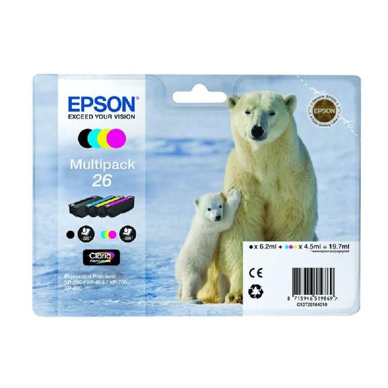 EPSON CARTOUCHE D'ENCRE OURS POLAIRE 26 (C13T26164010) - CLARIA PREMIUM - MULTIPACK - COULEUR: NOIR, CYAN, MAGENTA, JAUNE