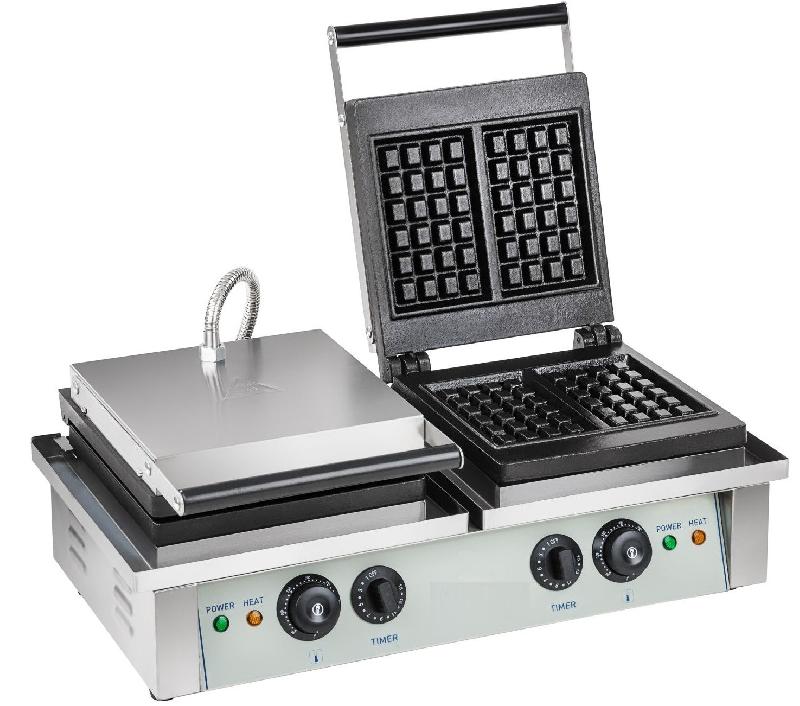 Gaufrier double professionnel - acier inoxydable, plaques en fonte émaillées, 2x2000W, gaufres belges 17x10 cm_0