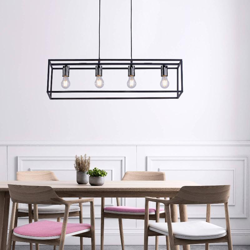 JUST LIGHT. SUSPENSION FABIO CAGE 4 LAMPES NOIRE/CHROMÉE