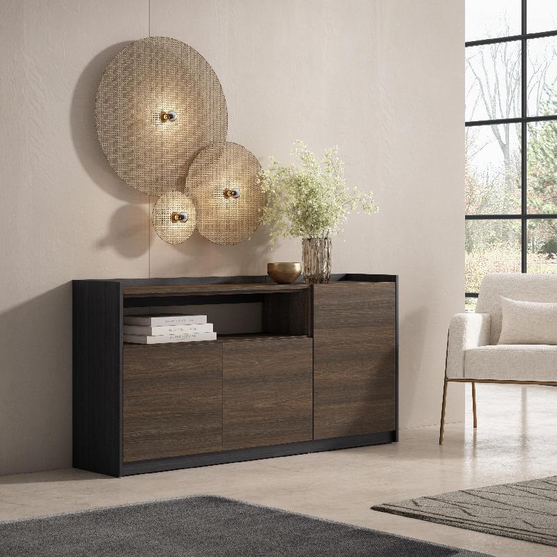 SKRAUT HOME - BUFFET SALON ET CUISINE, 156X80X37 CM, 3 PORTES, MEUBLE CHAUSSURE, CHÊNE FONCÉ ET NOIR