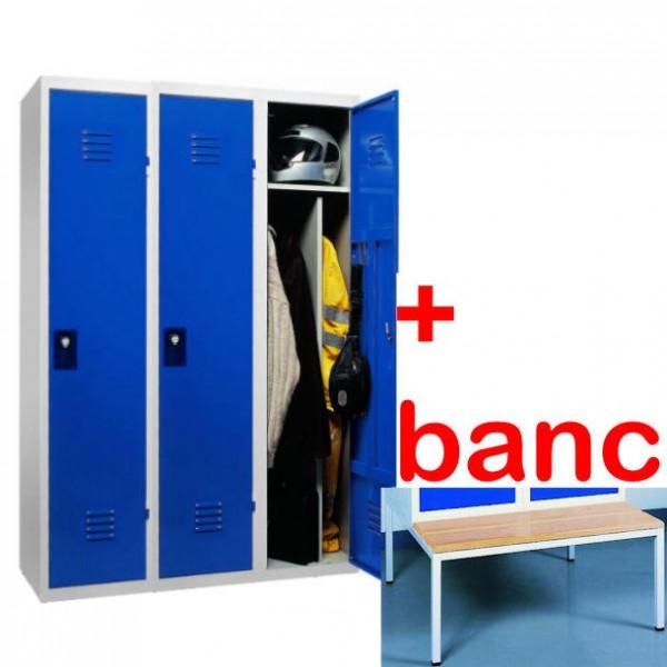 Vestiaire industrie salissante monobloc - 3 cases avec banc - Marque Rolléco_0