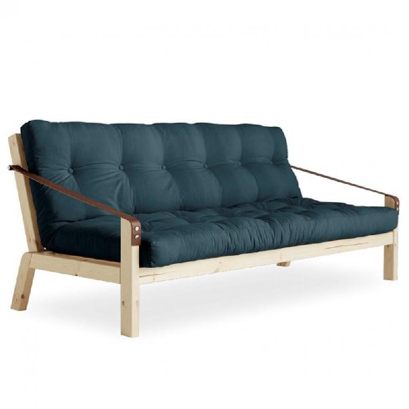 Banquette futon POETRY en pin massif - coloris bleu pétrole - couchage 130 x 190 cm - design scandinave avec accoudoirs en cuir_0
