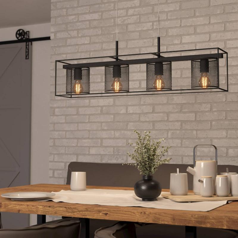 EGLO SUSPENSION CATTERICK, NOIRE, QUATRE ABAT-JOUR CAGE