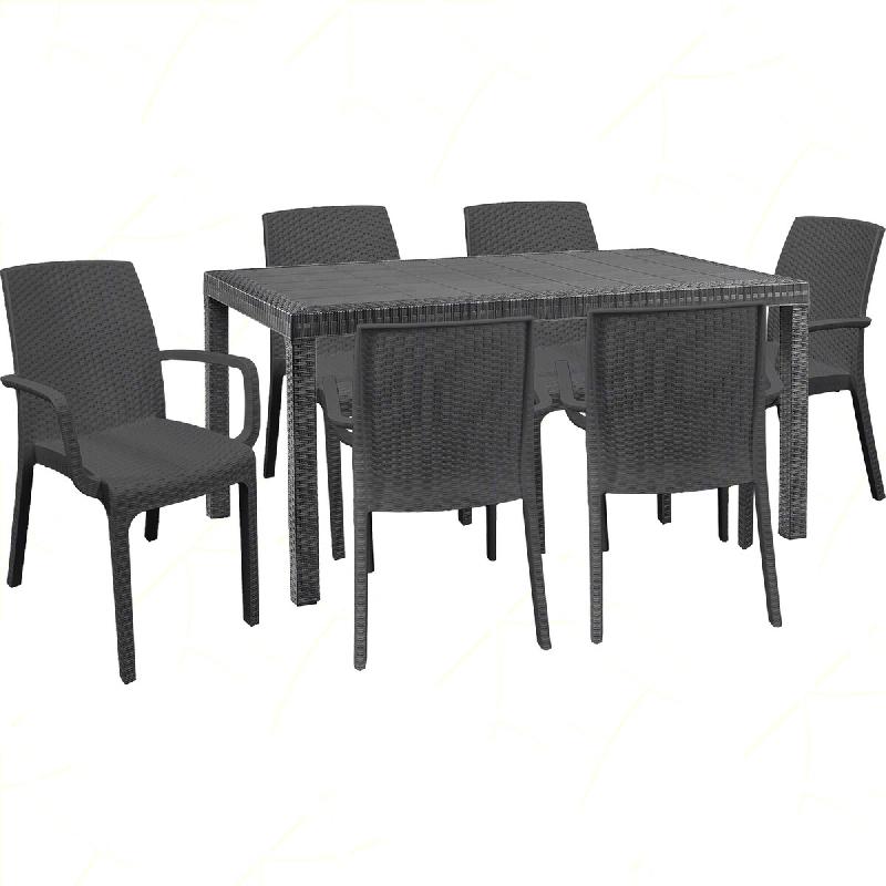 Ensemble de 6 fauteuils avec table rectangulaire en rotin 150x90 cm Noir - noir plastique polypropylène 8050054388946_0