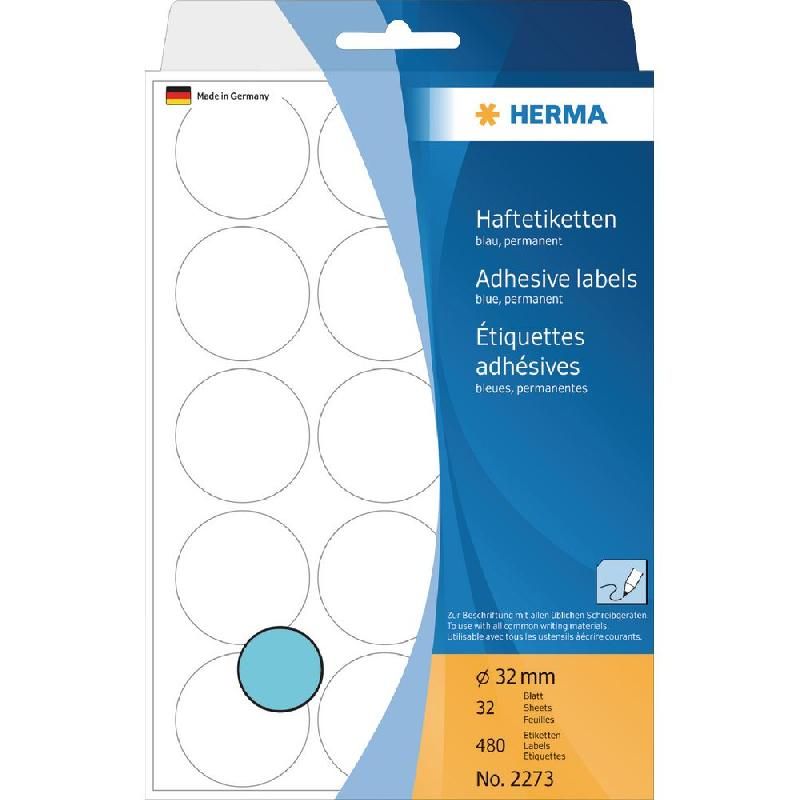 HERMA PASTILLE ADHÉSIVE COULEUR - STAPLES - Ø 32 MM - COLORIS BLEU - 480 PASTILLES