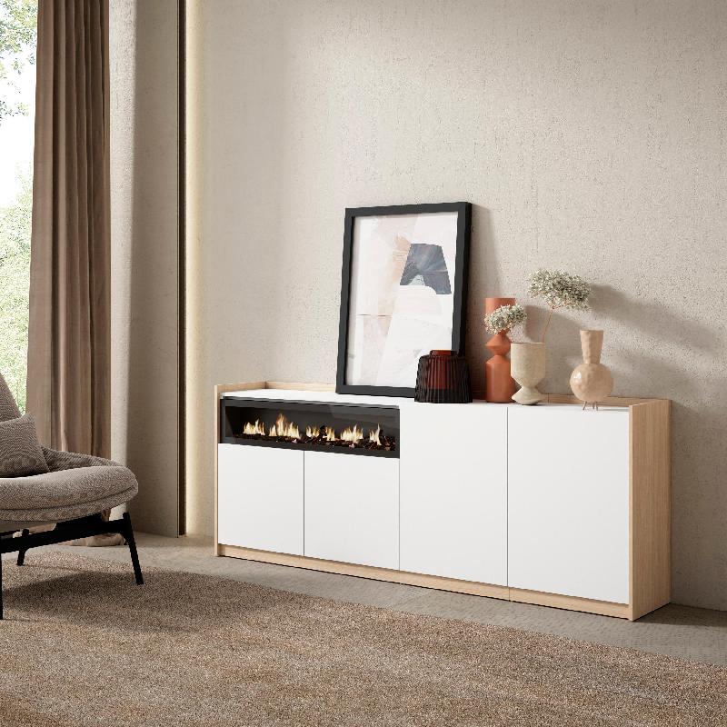 SKRAUT HOME - BUFFET SALON ET CUISINE, 207X80X37 CM, 4 PORTES, CHEMINÉE ÉLECTRIQUE, BLANC ET CHÊNE SOFT