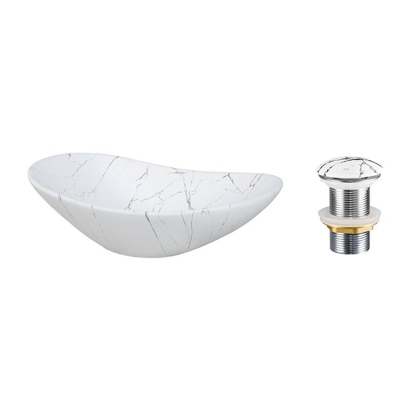 STELLAMEUBLES Set vasque 62cm LENA + BONDE clic-clac à poser salle de bain céramique aspect marbre blanc - 3667335112456_0