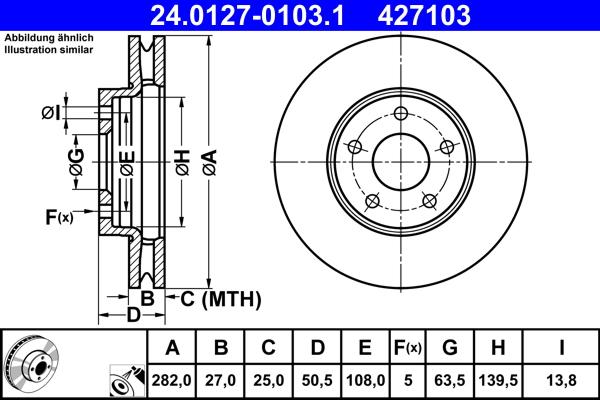Disque de frein ATE 427103 - ventilé - pour montage avant_0
