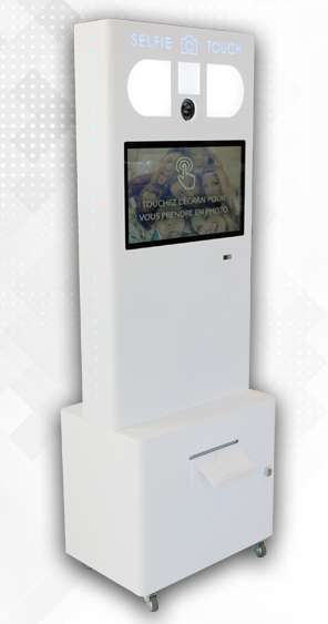 Borne à selfie / photobooth robuste de 110 kg - personnalisable avec LED, appareil reflex et options monnayeur/QR code - PREMIUM_0