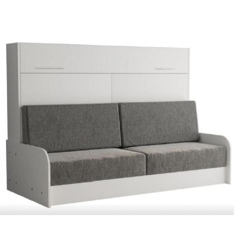 ARMOIRE LIT ESCAMOTABLE VERTIGO SOFA STRUCTURE ACCOUDOIRS BLANC TISSU GRIS 160*200 CM_0