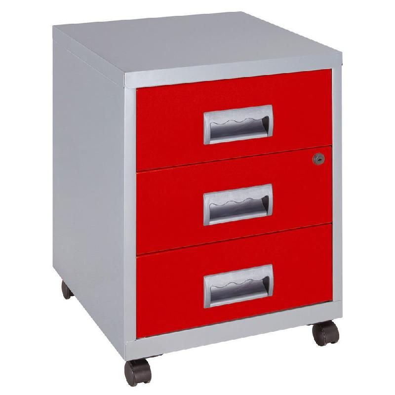 CAISSON MOBILE PRATIC - 3 TIROIRS - ALUMINIUM - TIROIRS ROUGE