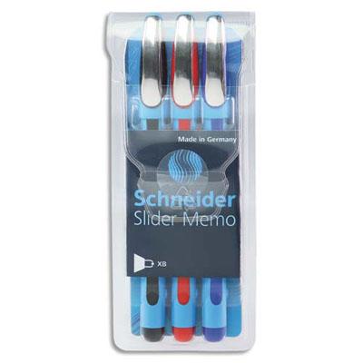 POCHETTE DE 3 STYLOS BILLE SLIDER MEMO XB - POINTE LARGE - CORPS CAOUTCHOUC CONFORT - ENCRES ASSORTIES