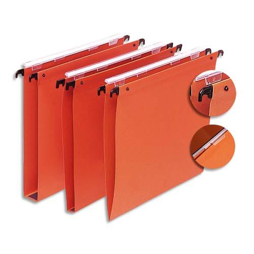 BOÎTE DE 25 DOSSIERS SUSPENDUS TIROIR, KRAFT 220G. FOND 30, VOLET AGRAFAGE+PRESSION.COLORIS ORANGE