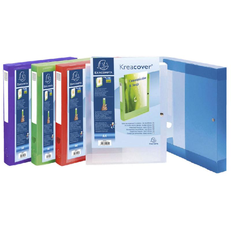 BOÎTE DE CLASSEMENT A4 EXACOMPTA KREACOVER A PRESSION EN POLYPROPYLENE - DOS 4 CM -ASSORTIS - LOT DE 5