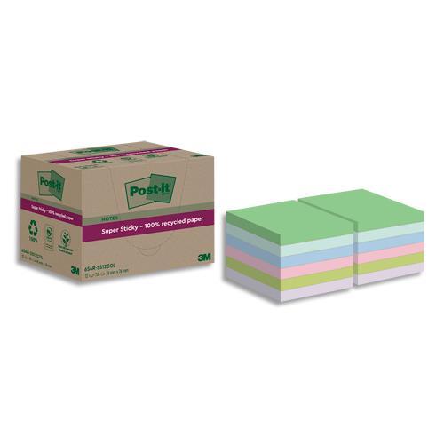 LOT DE 12 BLOCS NOTES POST-IT SUPER STICKY - RECYCLEES - 76X76 MM - COULEURS ASSORTIS
