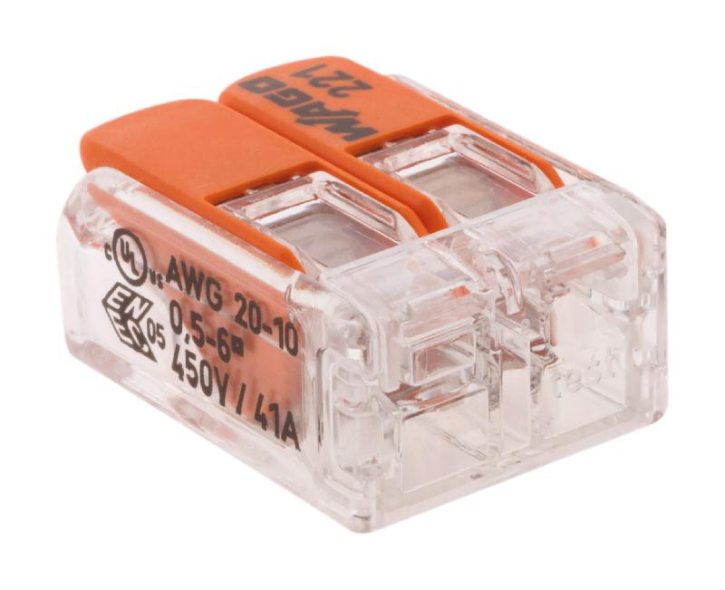 Lot de 5 bornes de raccordement S221 COMPACT - Connexion rapide - 2 conducteurs 0.5 à 6mm² - Leviers orange - Wago_0