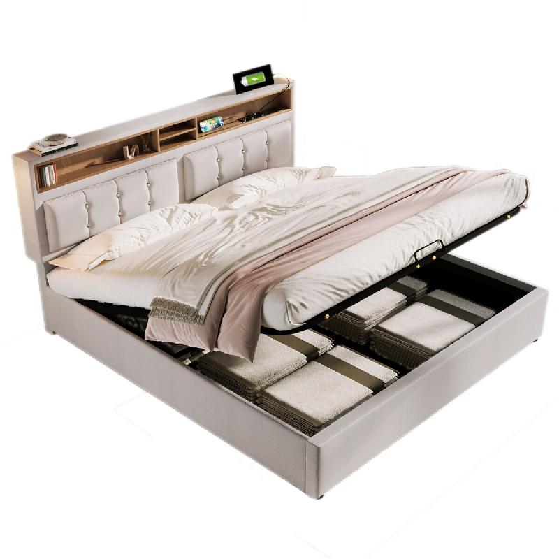Merax lit rembourré lit double avec prise USB C fonction de chargement tête de lit, espace de rangement lits cadre de lit en lin 140x200, beige - be_0