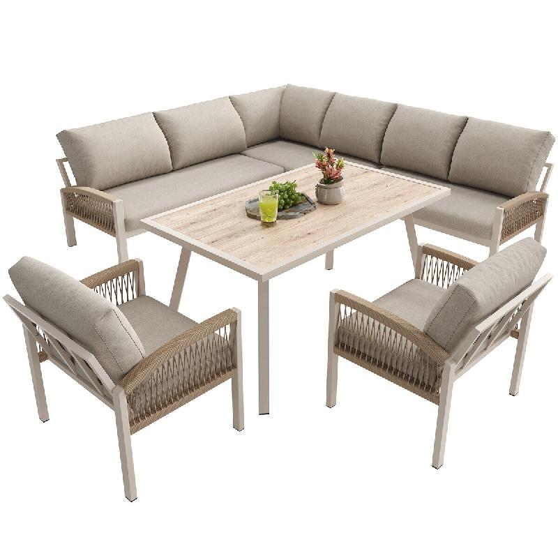Merax salon de jardin modulable 6-8 personnes, canapé d’angle, 2 canapés fauteuils, 2 fauteuils, table, coussins, beige - beige métal HW26001AAB_0