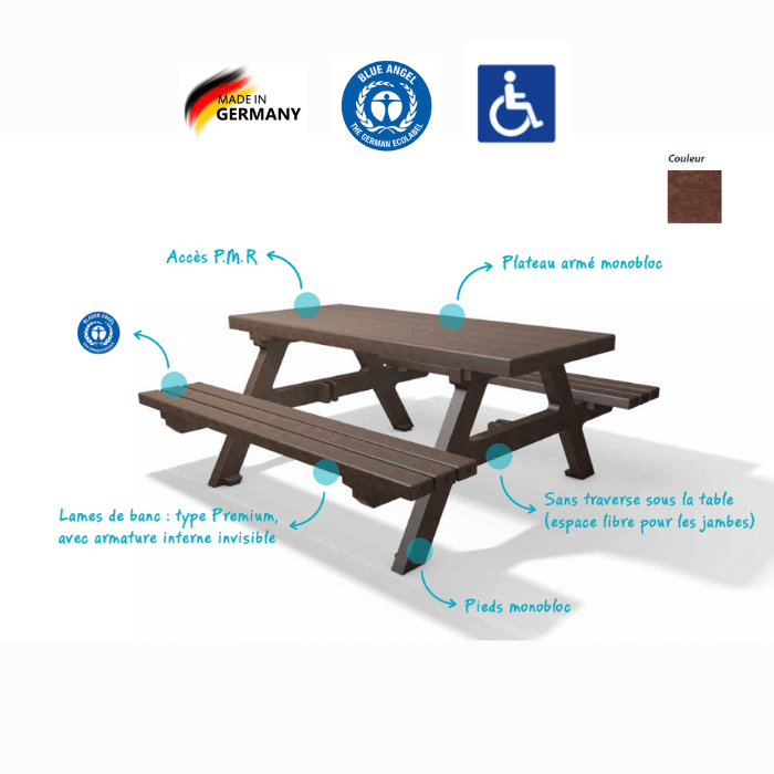 Table Pique Nique Isola plateau monobloc- 200 cm - PMR en plastique recyclé marron avec bancs et plateau de table premium_0