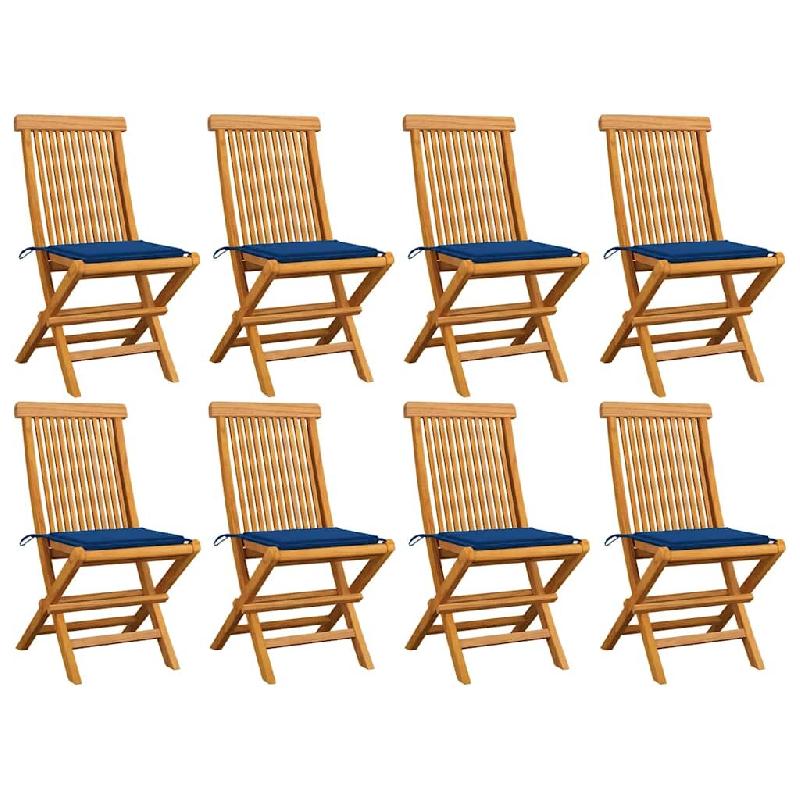 VidaXL Chaises De Jardin Avec Coussins Bleu Royal Lot De 8 Teck Massif - bleu 3072927_0