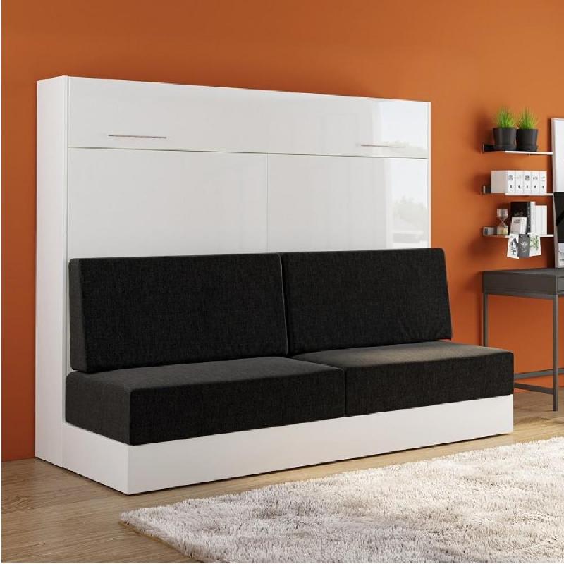 Armoire-lit escamotable VERTIGO SOFA - Façade blanc brillant - Canapé anthracite - Couchage 160x200 cm_0