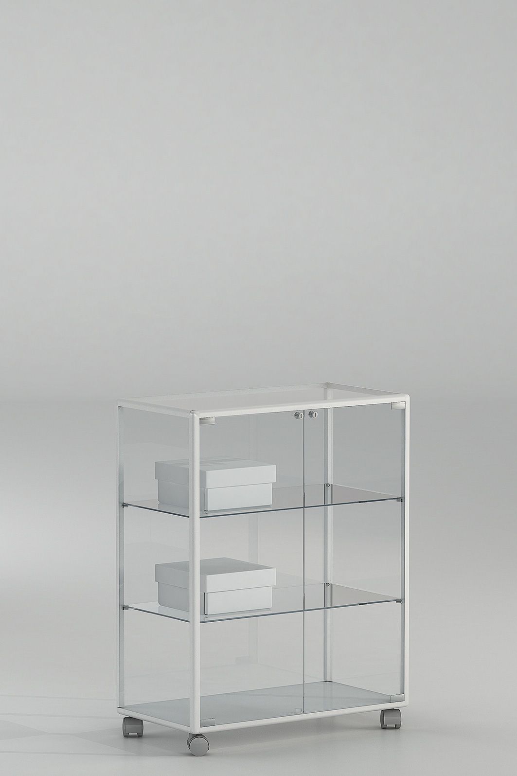 Comptoir vitrine en verre trempé sécurit avec serrure - aluminium blanc - L 71 x P 37 x H 90 cm - sur roulettes_0