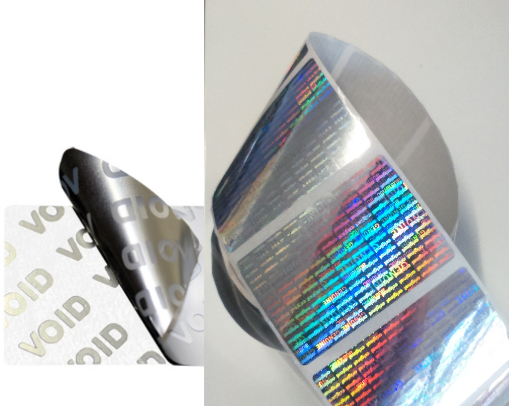 Étiquette de sécurité holographique en polyester argenté - inviolabilité avec motif résiduel VOID - formats personnalisables_0