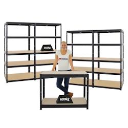 PROREGAL Mega Deal 4x Étagère charge lourde SLIM ELEPHANT M HxLxP 180x90x60cm & 1x Etabli DINO réglable en hauteur 90x120x60cm, 600kg par niveau -_0