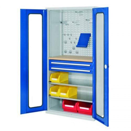 Armoire d'atelier à tiroirs - Rasterplan - Portes vitrées gris pastel RAL 7035 - H1950 x L1000 x P600mm - 4 tiroirs, 1 tablette, plateau multiplis_0