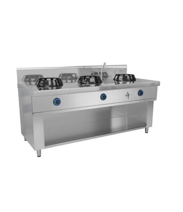 Cuisinière chinoise wok à gaz 3 feux - 42 kW - Avec meuble de base ouvert et pieds réglables_0