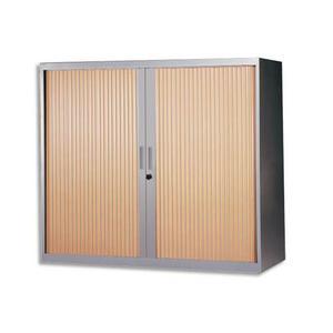 MT International - Armoire basse métal monobloc corps silver/rideaux hêtre - 2 tablettes - Dimensions 120x105x43 cm_0