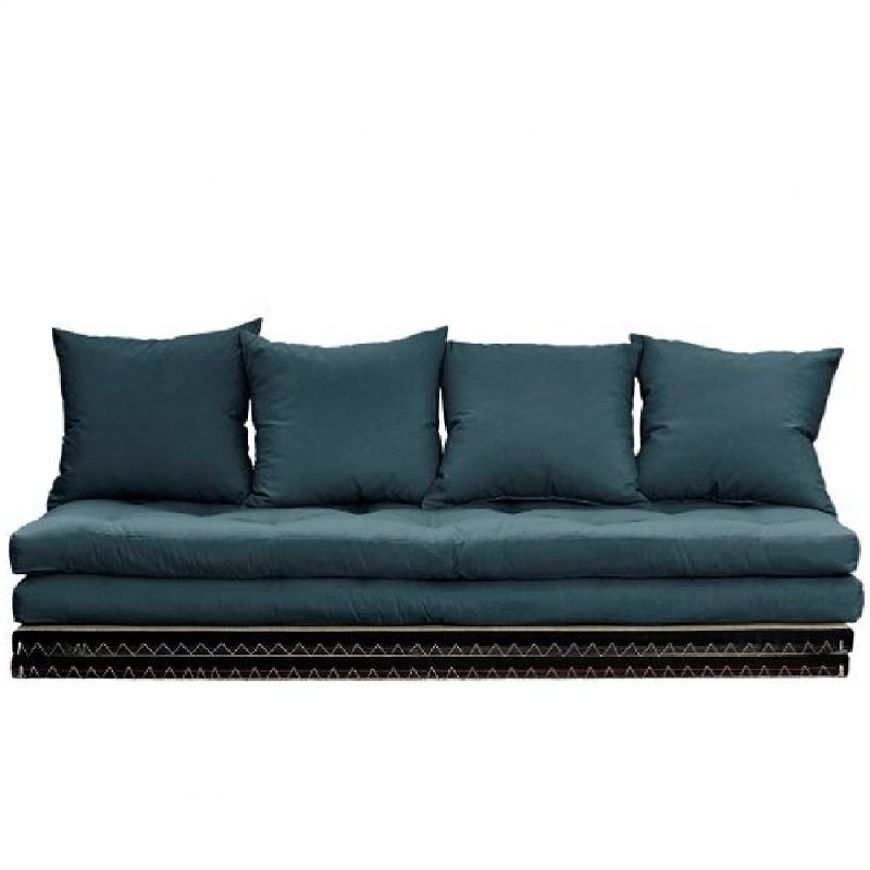 Banquette futon tatami CHICO bleu pétrole - couchage modulable 140x200 cm ou 2x70x200 cm - 4 coussins inclus_0