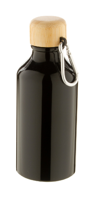 Bouteille en aluminium - 400 ml - avec couvercle en bambou et mousqueton - couleur noire_0