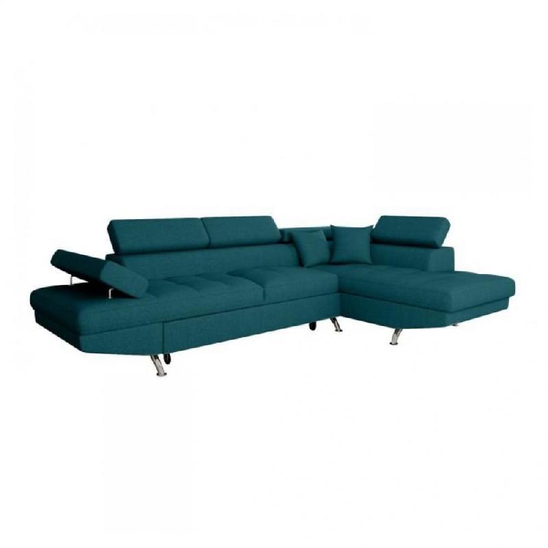 Canapé d'angle convertible RINO bleu canard - coffre de rangement et têtières réglables_0