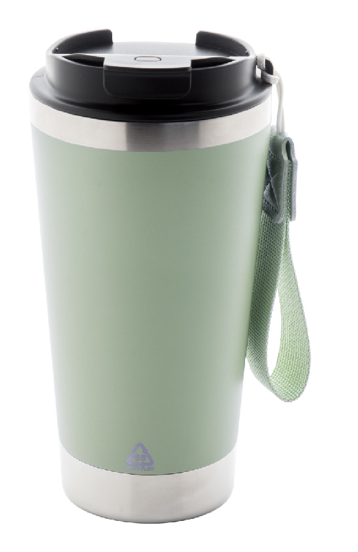 Mug thermos isotherme - double paroi en acier inoxydable recyclé - 430 ml avec sangle et couvercle_0