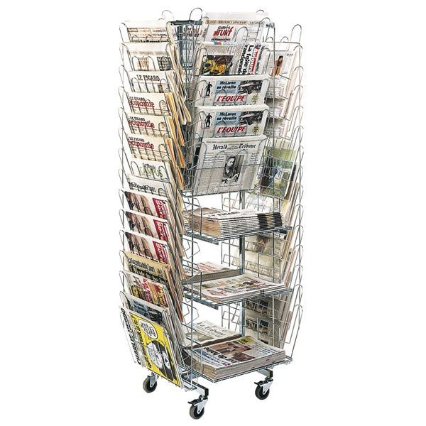 Présentoir journaux Presam®: 6 plateaux et 4 échelles sur roulettes - réf.45414 - Armature double-faces réglable en hauteur_0