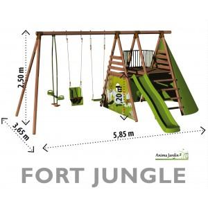 Aire de jeux en pin traité autoclave classe 4 - FORT JUNGLE - avec balançoire, toboggan, cabane en tissu et tipi - 787703_0