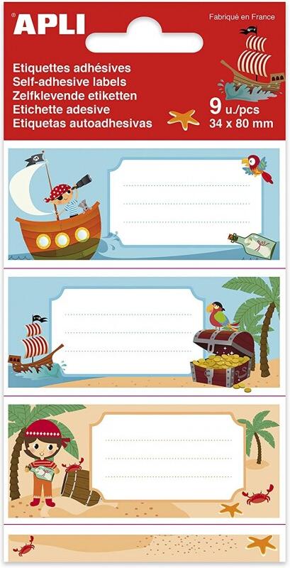 Apli Lot de 5 Pochette de 9 étiquettes scolaires fantaisies, format 36 x 81 mm, thème Pirates - 8410782184409_0