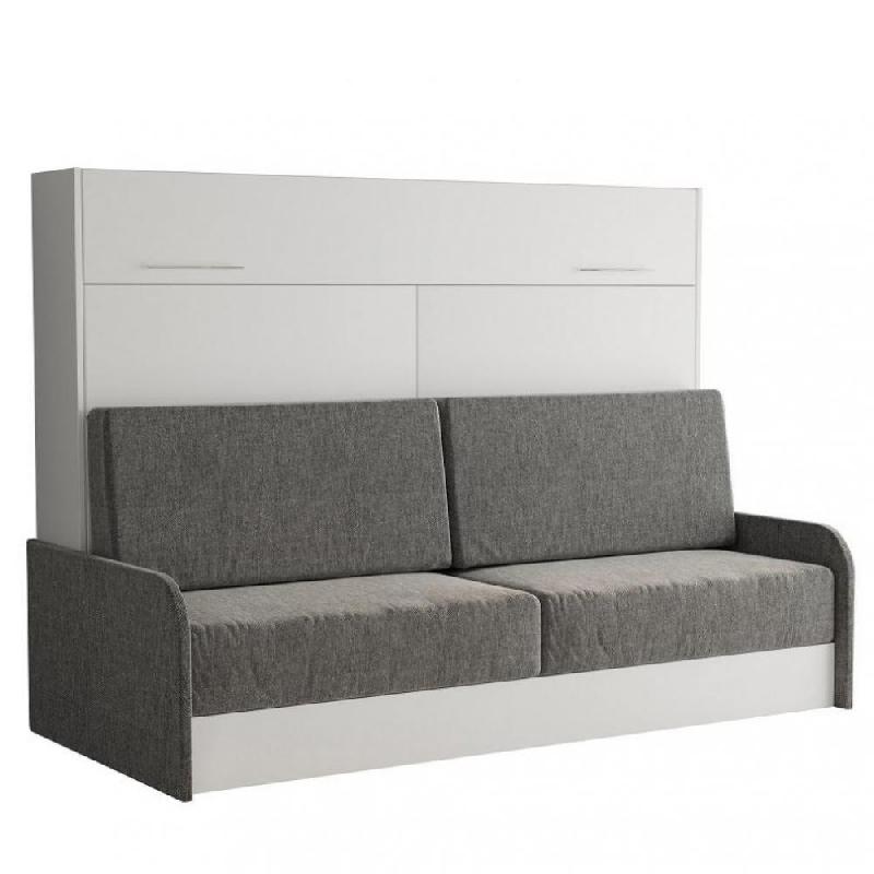 Armoire-lit escamotable VERTIGO SOFA Blanc avec accoudoirs tissu gris - canapé 140x200 cm_0
