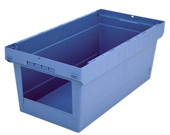 Bac de distribution série MB - ouverture prélèvement petit côté 270x158 mm - dim. 800x400x323 mm - capacité 35 kg - volume 76 L - matériau PP, bleu-gris_0