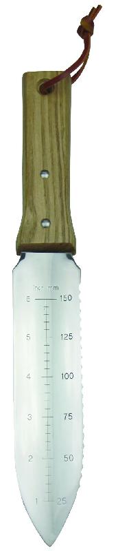 Couteau horticole - lame 19 cm tranchante et dentelée - graduation 150 mm - manche bois - avec étui de rangement_0