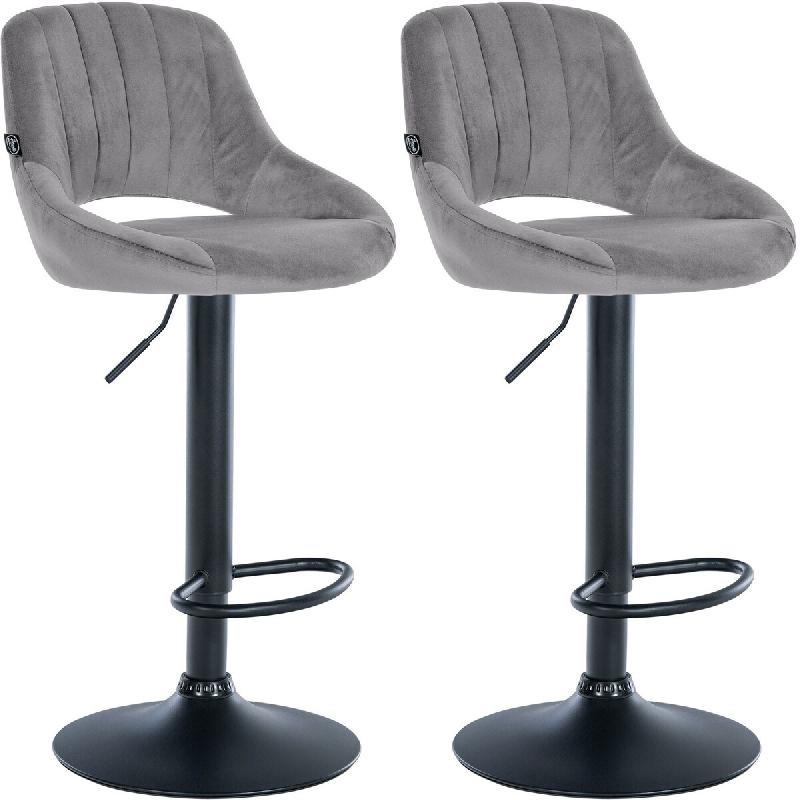 Décoshop26 - Lot de 2 tabourets de bar réglables en velours gris foncé dossier ajouré et pied métal noir 10_0005887 - gris métal 3000265281050_0