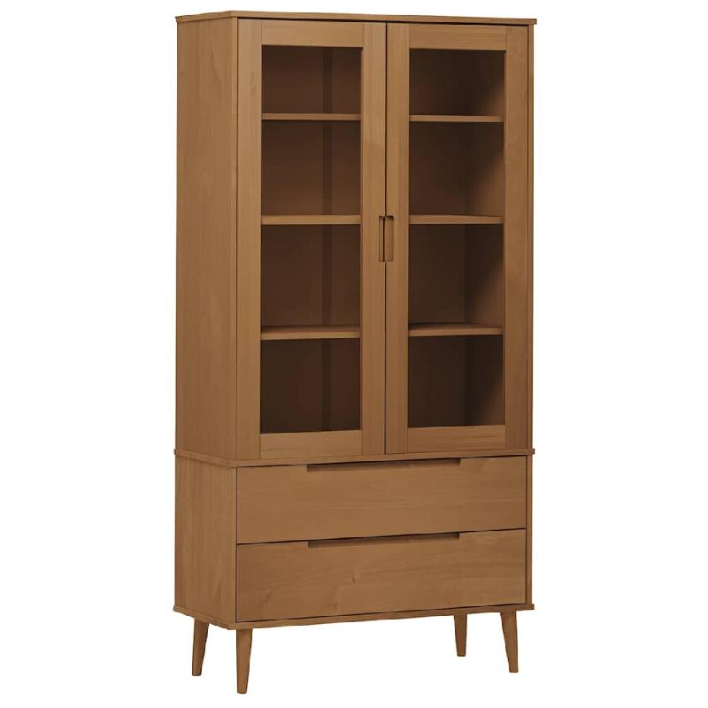 Helloshop26 - Armoire à vitrine scandinave grand espace rangement 90 x 35 x 175 cm en bois de pin massif marron 02_0057607 - marron verre 30002401304_0