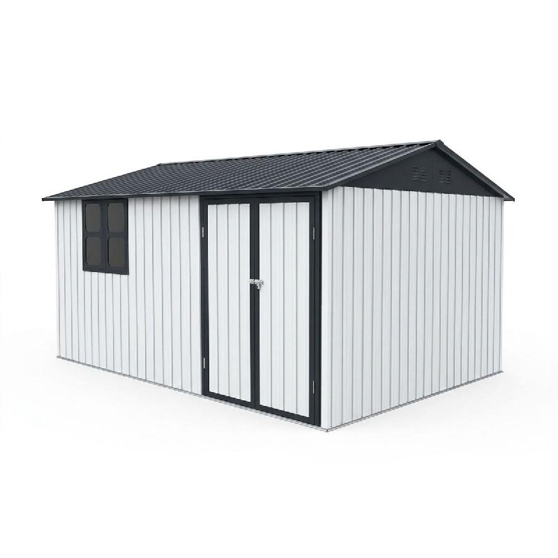 Merax abri de jardin métal avec toit à pignon, porte, serrure, fenêtre, table pliante et étagères, blanc - blanc métal W3600S00023_0