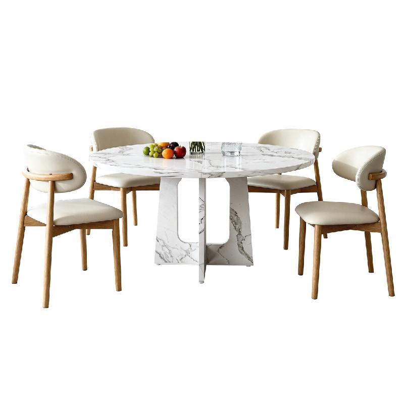 Merax Ensemble repas Ø120 cm avec 4 chaises, table ronde effet marbre blanc, chaises en PU beige et pieds en bois massif - multicolore multi-matéria_0