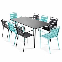 Oviala Business Ensemble table de terrasse et 8 fauteuils en métal turquoise et gris - bleu acier 109276_0