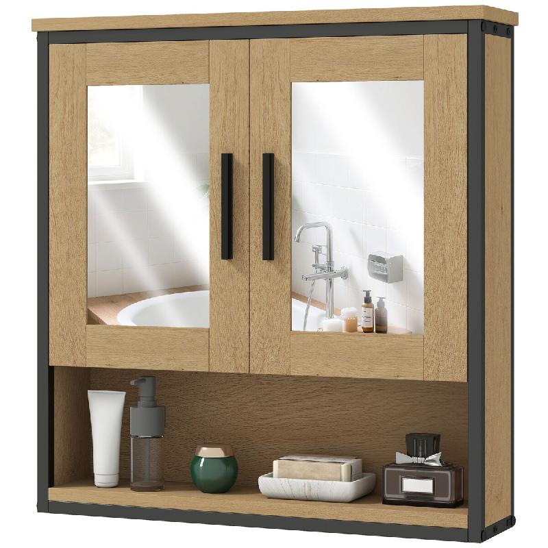 Helloshop26 - Armoire murale salle de bain 56 x 13 x 60 cm miroir double étagère réglable industriel contemporain en mélamine chêne 21_0002752 -_0