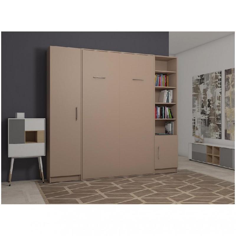 COMPOSITION ARMOIRE LIT ESCAMOTABLE SMART-V2 TAUPE MAT COUCHAGE 160 X 200 CM COLONNE ARMOIRE ET BIBLIOTHÈQUE_0