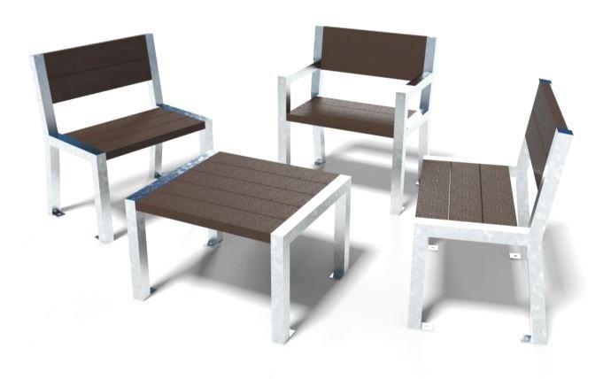 Ensemble pique-nique bas Cannes - 3 chaises sans accoudoirs et table basse en plastique recyclé avec piétement en acier_0