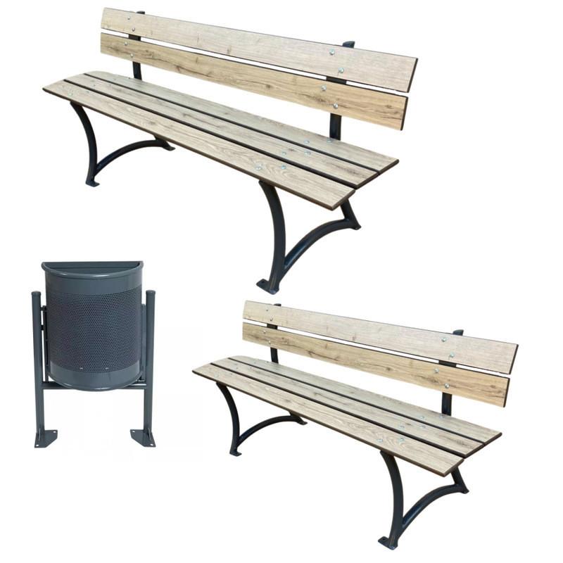 Lot de 2 bancs design HPL avec corbeille demi-ronde en acier - Robustes et sans entretien_0